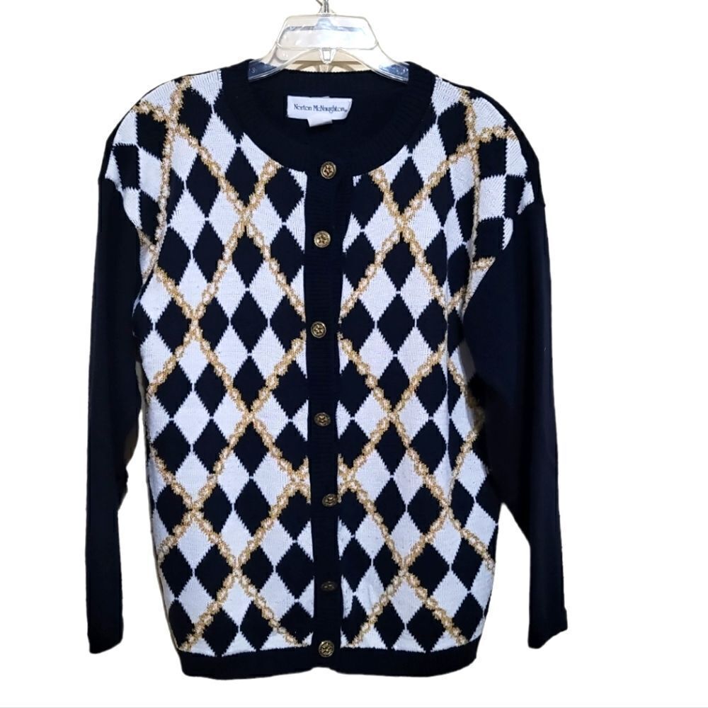 Norton McNaughton Black and White Cardigan with Gold Accents